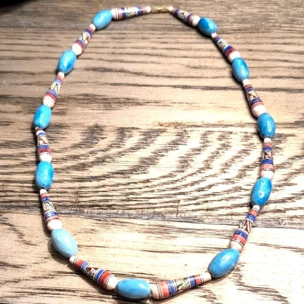 Elegant Blue and Southwestern Designed Ceramic Bead 23" Necklace